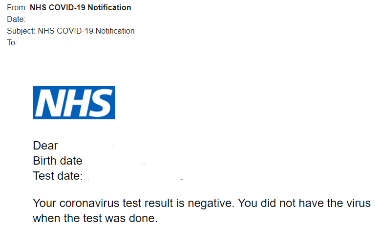 COVID-19 negative test result from NHS UK